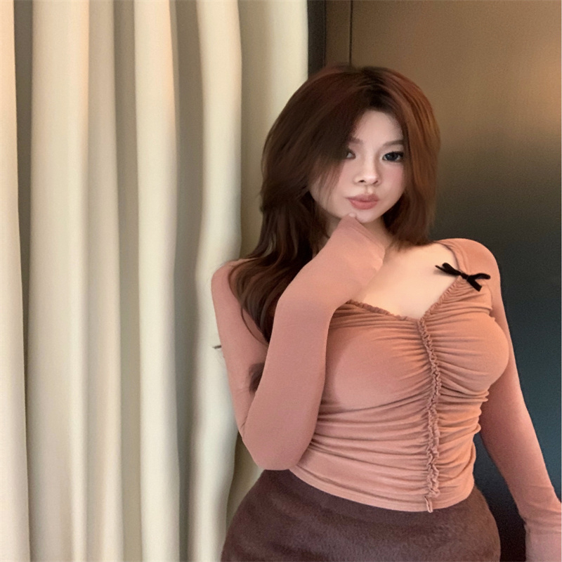純欲風蝴蝶結撞色V領T恤女冬季性感內搭修身褶皺短款上衣