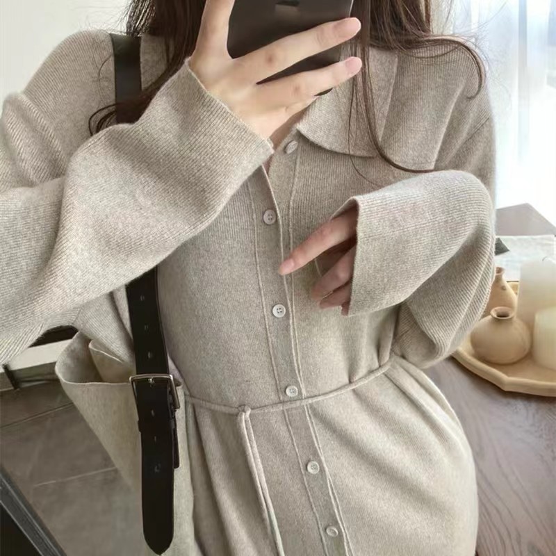 Early autumn long skirt, bottoming long skirt with coat, French knitted autumn and winter long-sleeved dress for women
