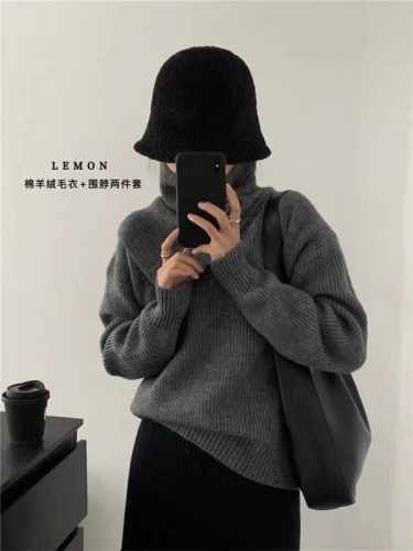 Lazy style loose v-neck pullover sweater women's winter design suit scarf warm sweater two-piece set