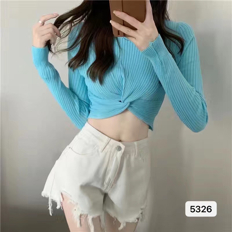 針織衫秋季女2023年新款v領純色長袖內搭打底衫別致 短款外穿上衣