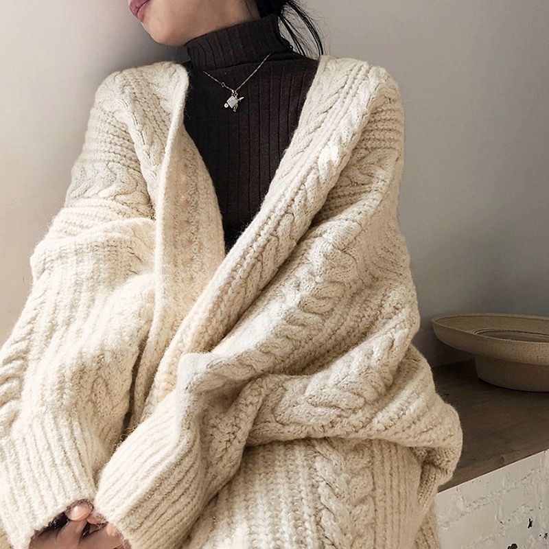 Korean chic autumn and winter simple loose twist pattern long knitted cardigan sweater jacket for women
