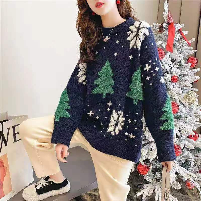 Christmas Knitted Sweater Women's Autumn and Winter New New Year Red Pullover Sweater Loose Lazy Style Knitted Top