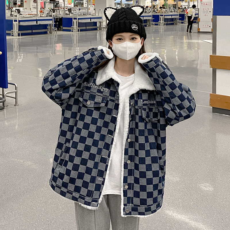 實拍~棋盤格牛仔棉衣外套女冬季新款復古寬鬆加絨加厚棉服潮