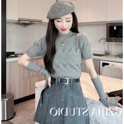 韓版秋季新款時尚百搭設計感泡泡袖氣質袖套毛衣女