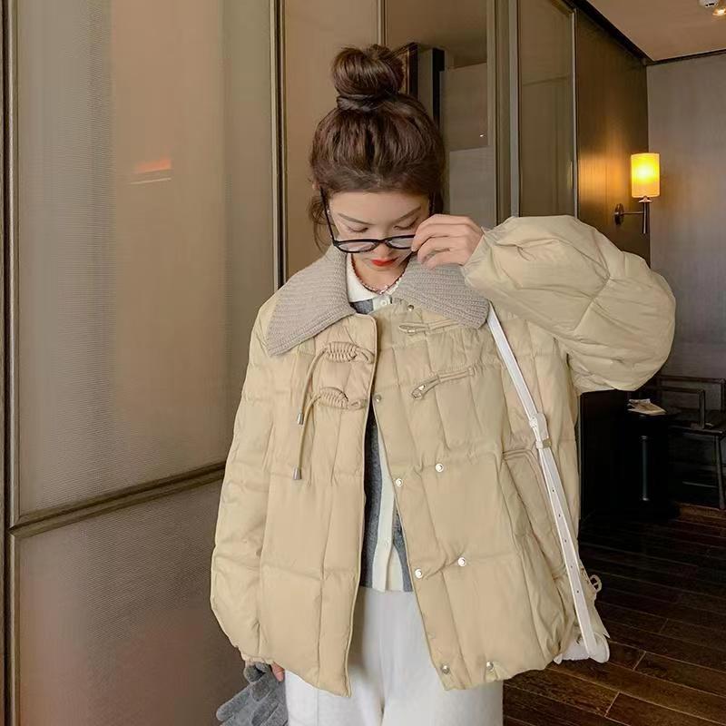 韓版針織大翻領輕薄棉襖鹽系小個子羽絨棉服女短款新款秋冬外套