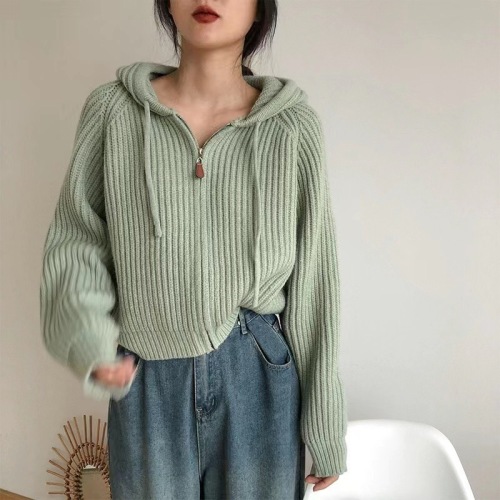 Hooded short knitted cardigan top spring women's  new Korean sweater jacket women's loose and lazy style