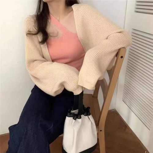 Japanese lazy style autumn sweater cardigan for women loose outer wear versatile short temperament knitted top jacket