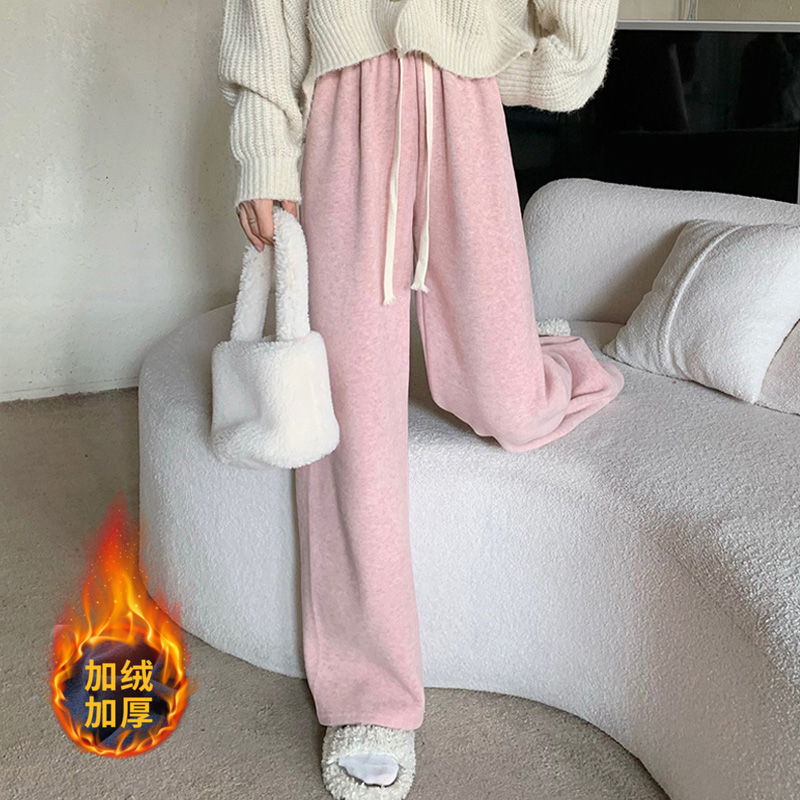 小個子女裝華夫格休閒褲2023秋冬加絨款寬鬆直筒闊腿粉色拖地長褲