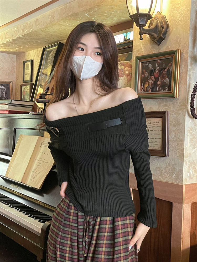 實拍辣妹內搭一字肩長袖毛衣針織衫女短款修身打底衫上衣