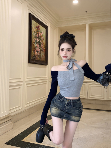 Real shot of stitched contrasting color ribbon knitted sweater for women in autumn and winter bottoming top for women