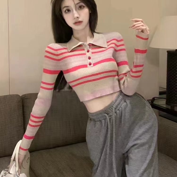 Early autumn contrasting color design Polo collar striped short bottoming slim sweater T-shirt top