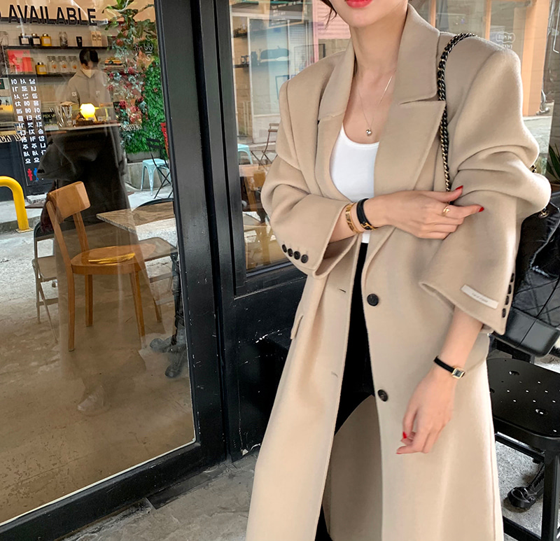 Belted lapel wool trench coat long coat