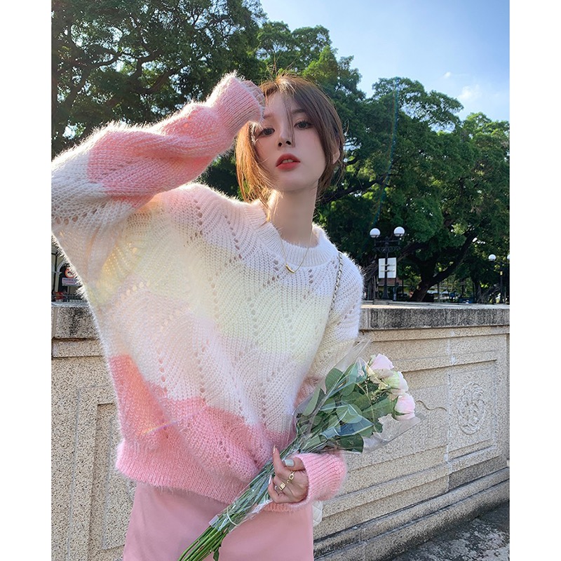 Hollow long-sleeved sweater for women autumn 2023 new sweet design niche pullover sweater
