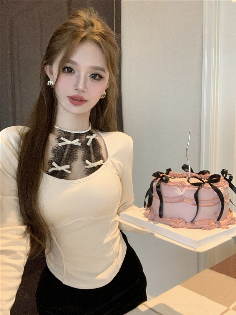 實拍~純欲掛脖蕾絲長袖打底衫t恤修身顯瘦聖誕紅辣妹短款上衣
