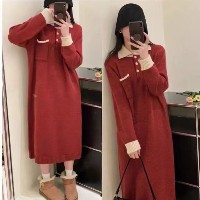 毛衣裙秋冬配大衣韓版女冬季加厚polo領正肩酒紅色中長款針織裙子