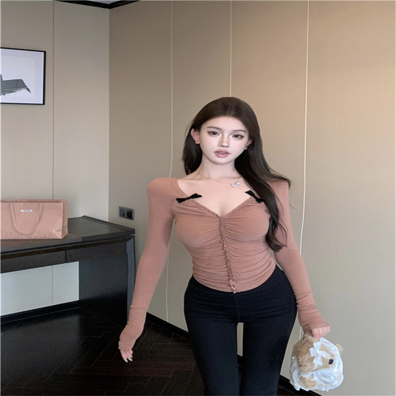 撞色蝴蝶結長袖v領T恤女秋冬季性感辣妹褶皺收腰修身短款內搭上衣