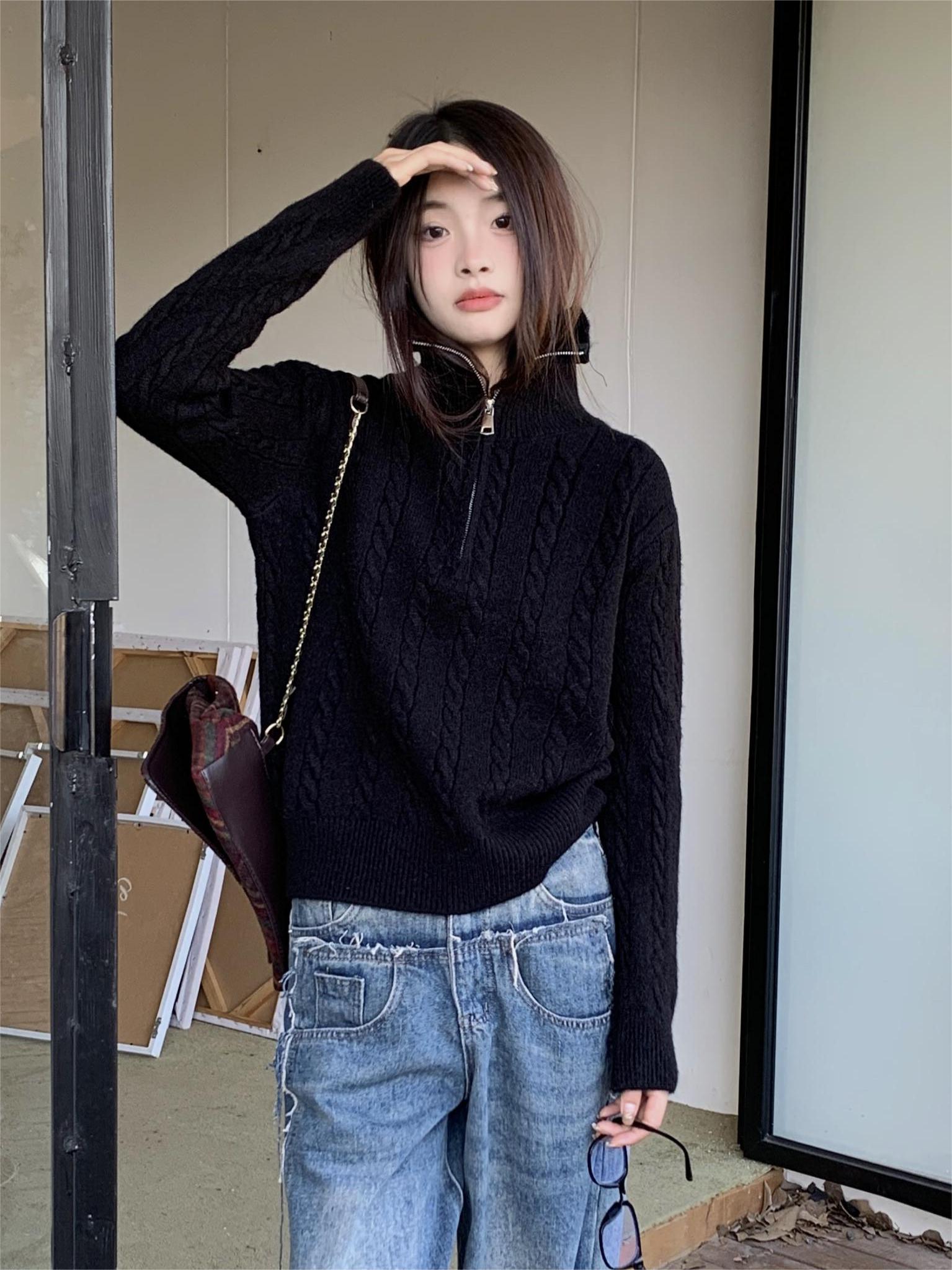 實拍 加厚麻花復古半拉鏈翻領毛衣女韓系寬鬆高領針織衫