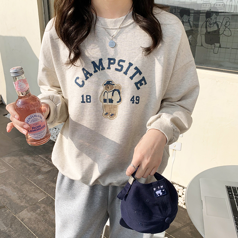 加絨加厚圓領衛衣女韓版寬鬆長袖薄款上衣學生外套