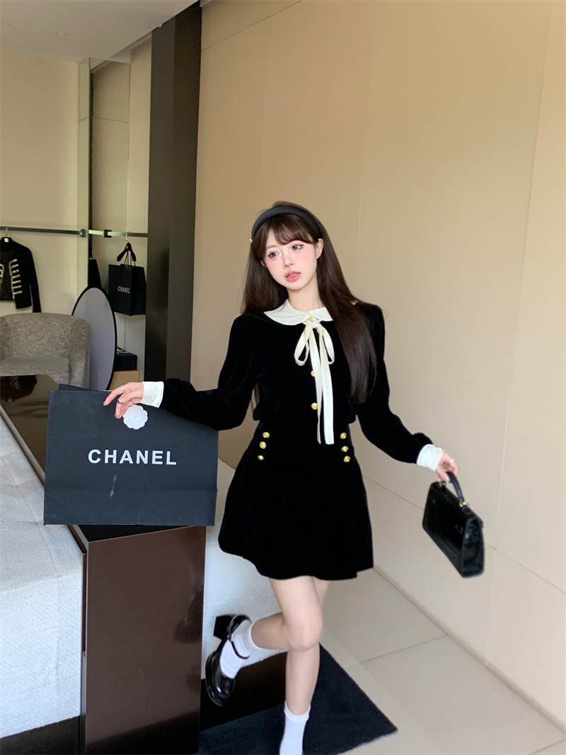 實拍 兩件套秋冬季新款絲絨系帶襯衫+包臀A字短裙套裝裙子女