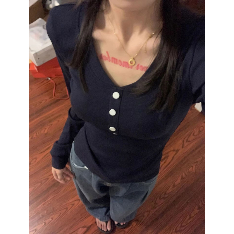 純棉V領露鎖骨收腰長袖t恤女春秋薄款打底衫辣妹修身顯瘦正肩上衣