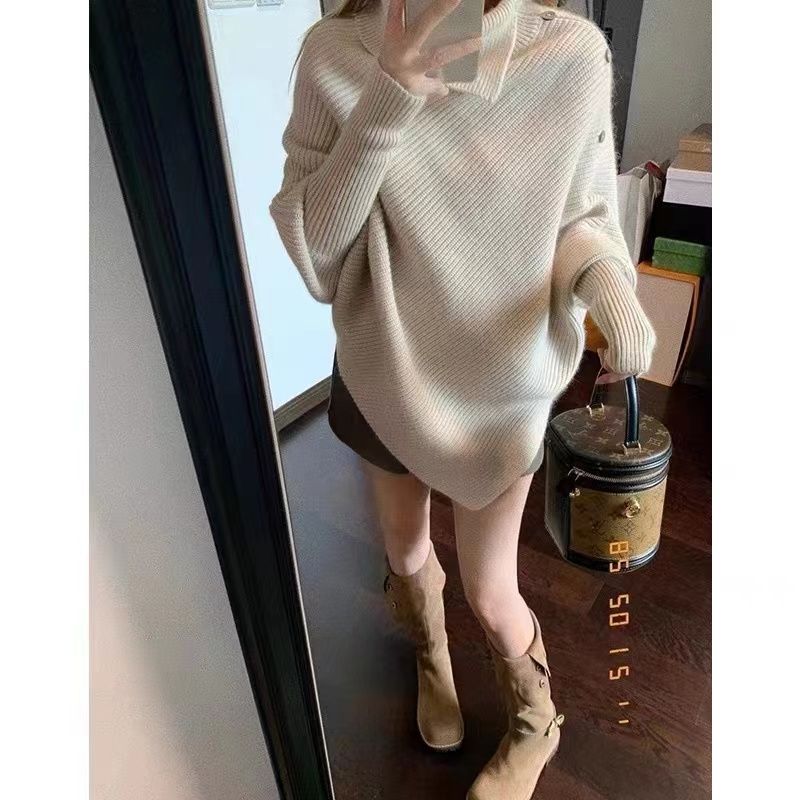 Winter new irregular turtleneck pullover sweater for women, lazy style, soft and waxy loose cloak, thickened knitted
