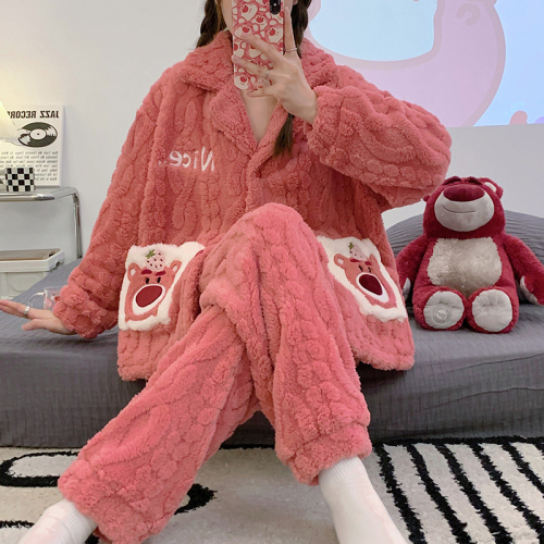 Doll collar pajamas for women winter coral velvet thick warm student cute casual flannel home wear set