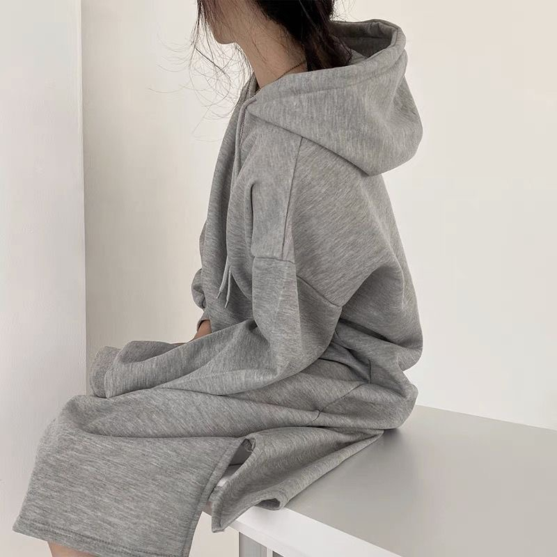 加絨加厚秋冬季韓版簡約休開叉連衣裙衛衣女