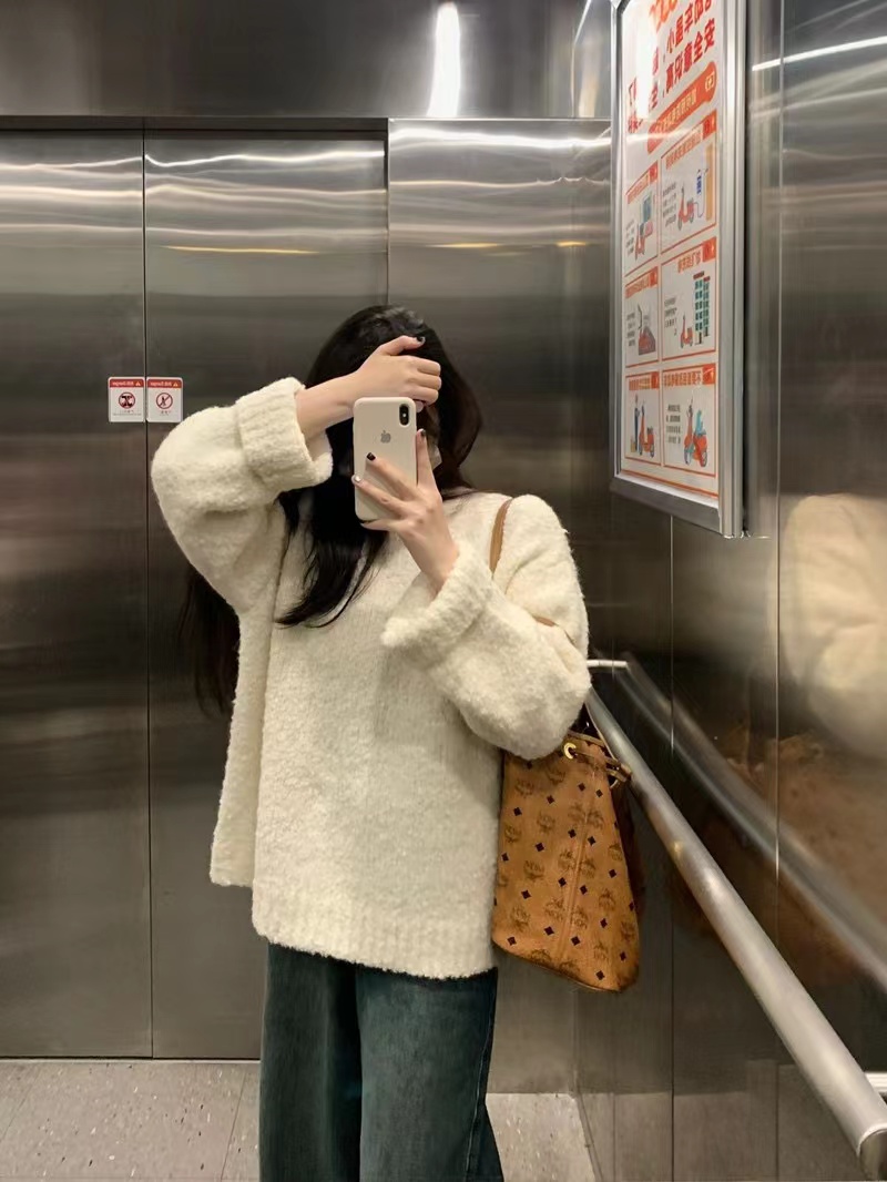 溫柔風甜美圈圈羊駝絨套頭毛衣女2023秋冬新款寬鬆針織衫洋氣