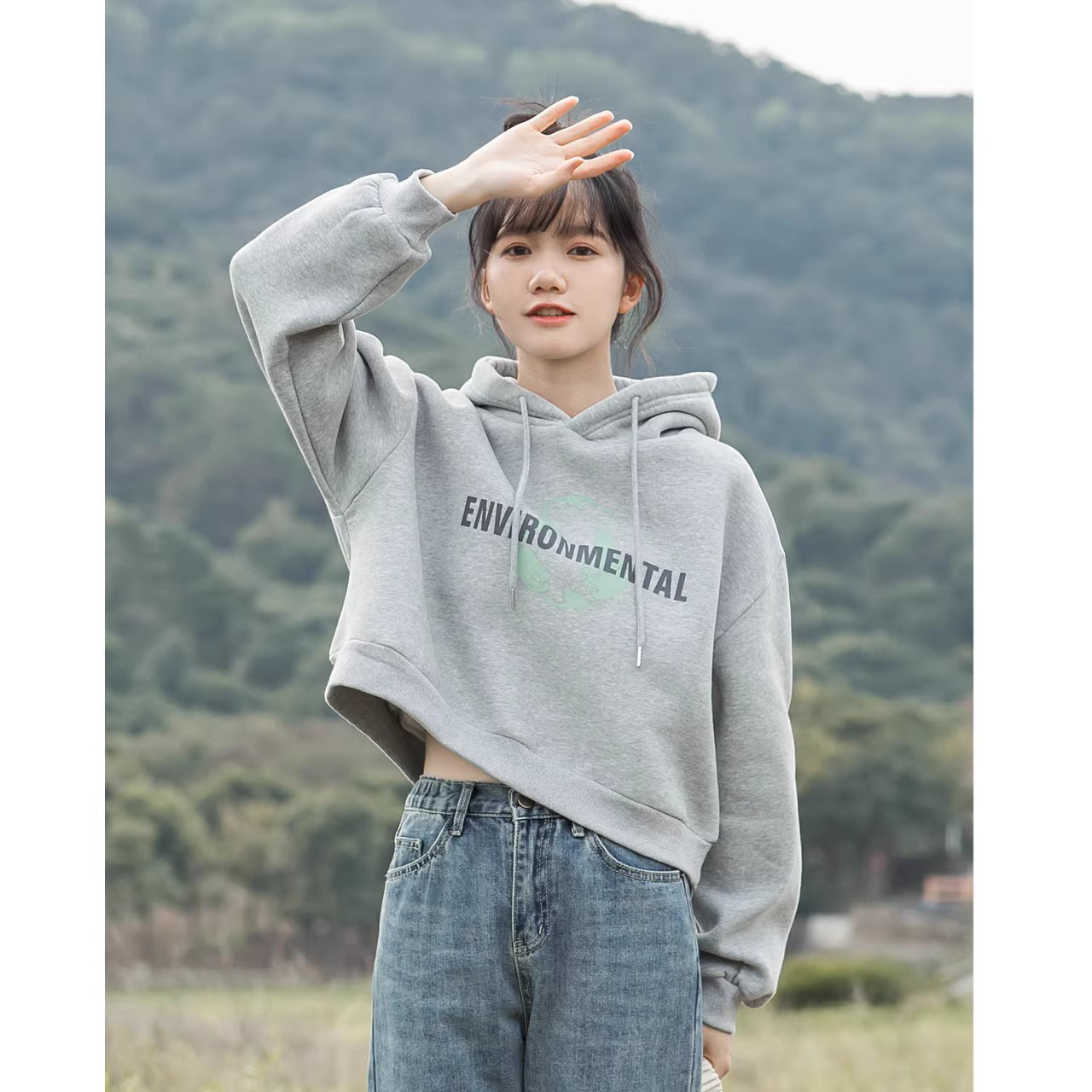 灰色連帽衛衣女2023秋冬百搭學生上衣外套短款韓版寬鬆字母印花