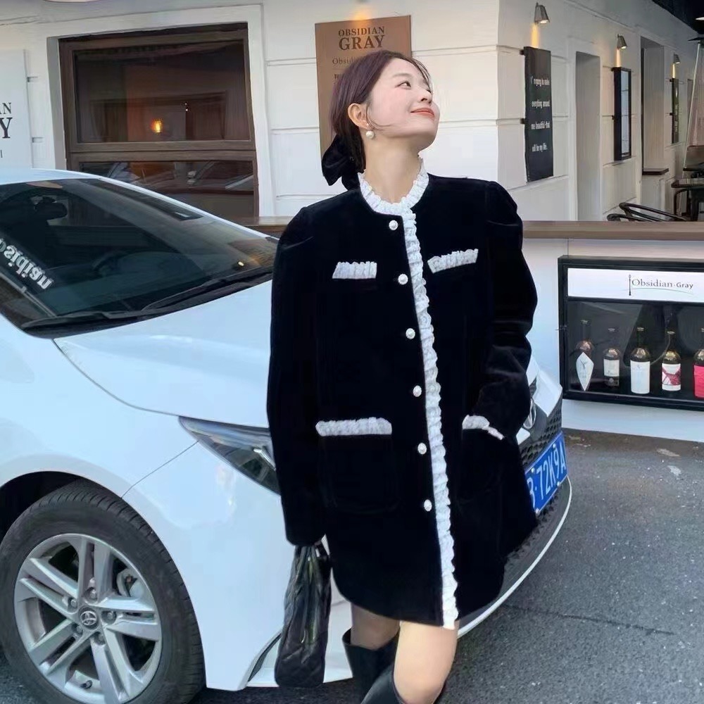 NEW OPEN Down small fragrance style slim fit versatile socialite daughter slimming mid-length lace black jacket for women