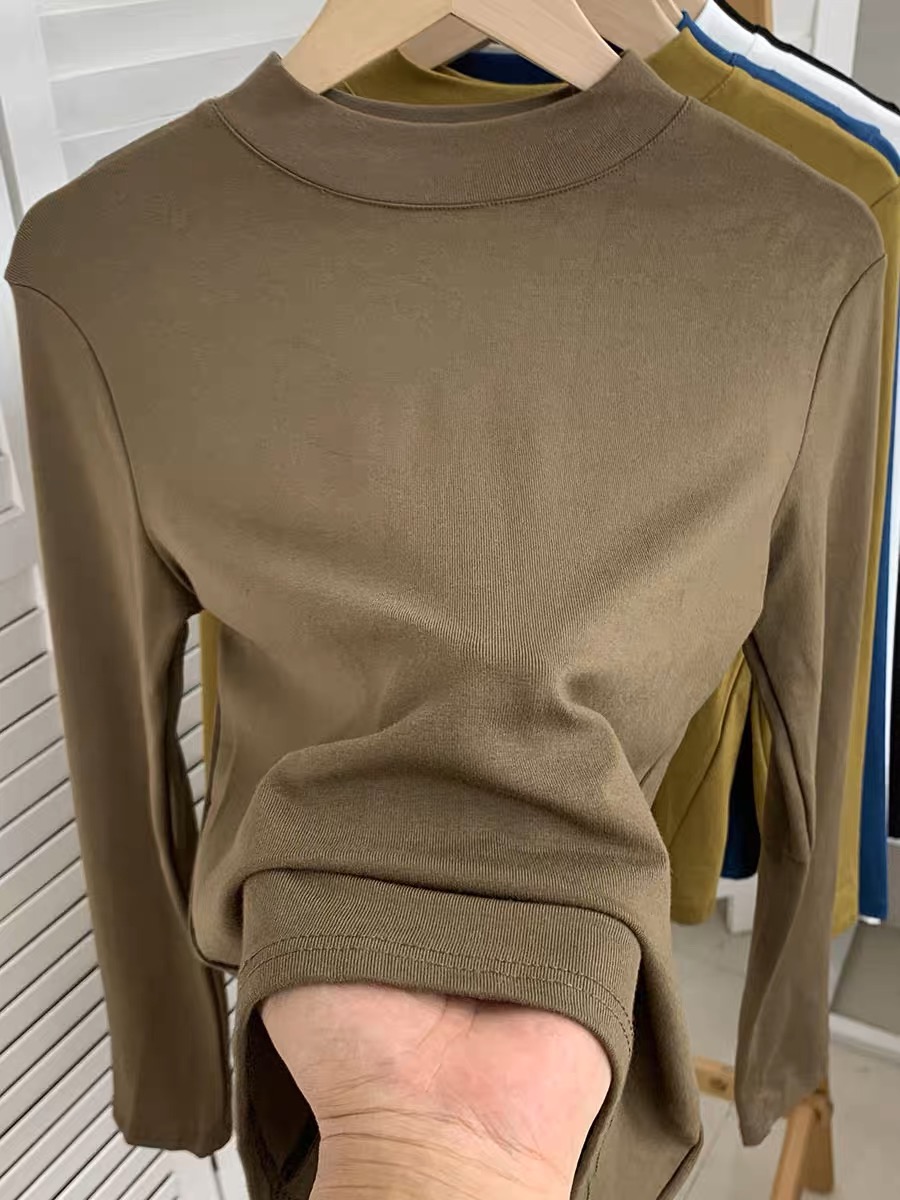 歐貨半高領秋冬款純色大碼內搭長袖打底衫t恤女顯瘦百搭洋氣上衣