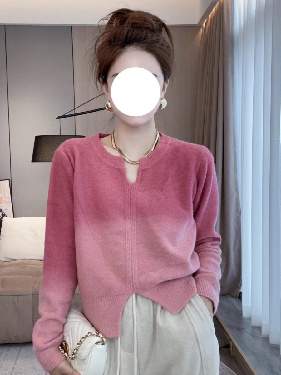 歐貨軟糯拼色V領毛衣女秋冬大碼微胖慵懶風洋氣減齡針織衫上衣潮