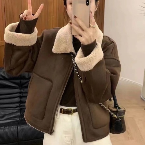 European high-end fur one-piece lambswool jacket for women in autumn and winter thickened lapel motorcycle jacket top