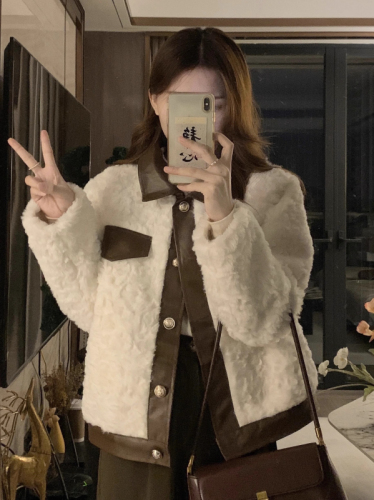 Fur-in-one small fragrant jacket for women in autumn and winter new style retro patchwork leather short lamb wool cotton coat small thickened