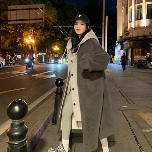 Korean chic autumn and winter new long hooded skirt jacket sherpa versatile loose fashion jacket ins trend