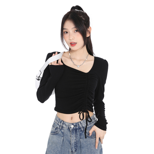5 colors autumn new square neck top pleated slimming hot girl long-sleeved bottoming shirt female short navel T-shirt