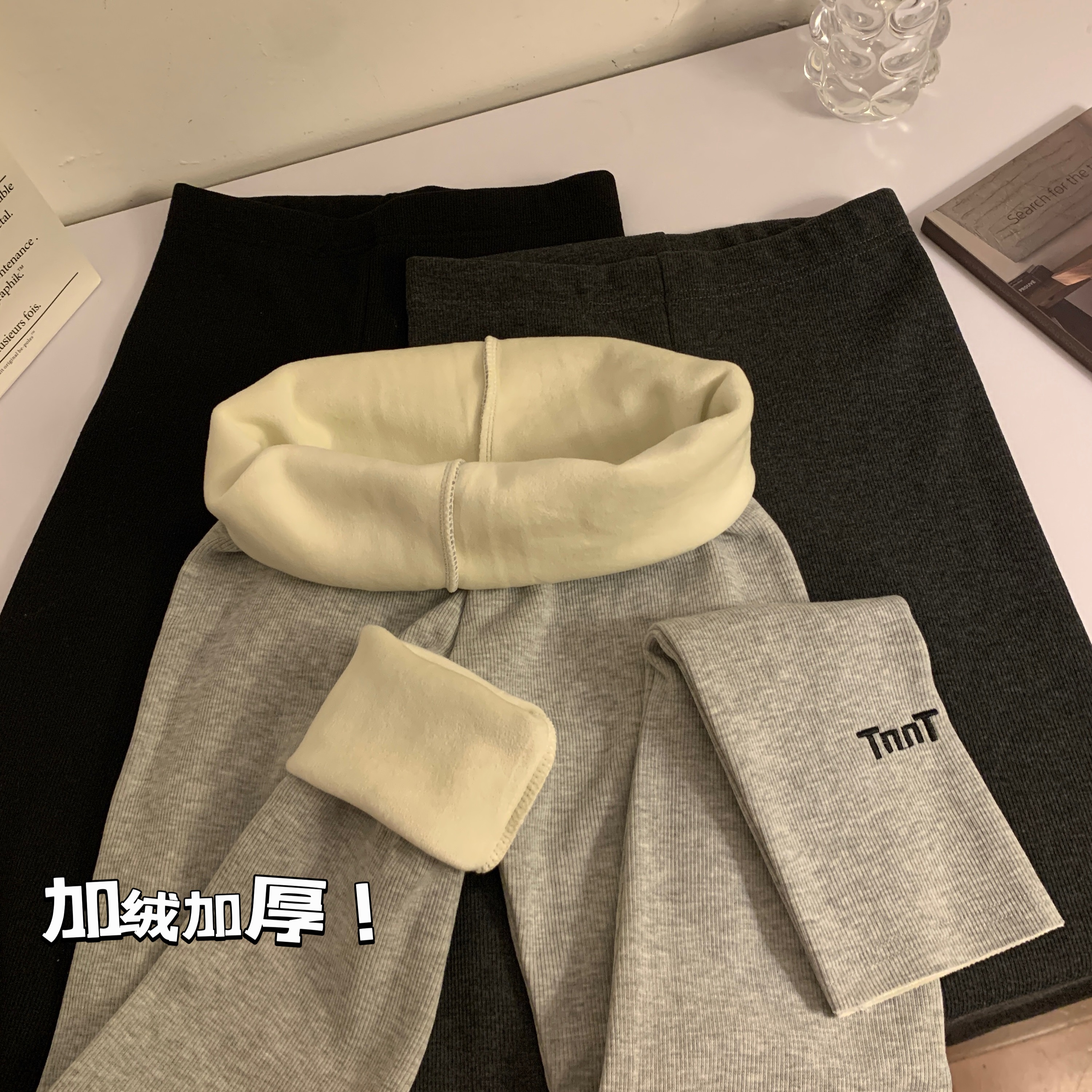 實拍 秋冬加絨加厚螺紋保暖打底褲字母高彈力緊身顯瘦秋褲