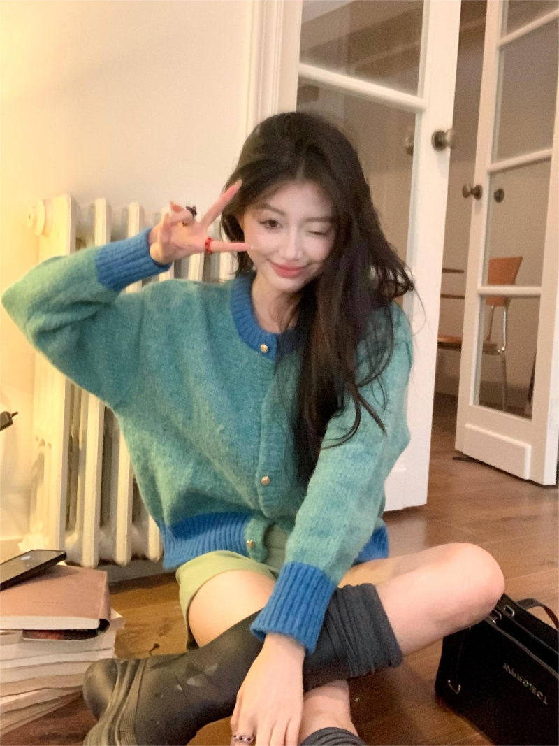 實拍 淺藍色針織開衫清新法式文藝風圓領軟糯質感百搭輕奢女