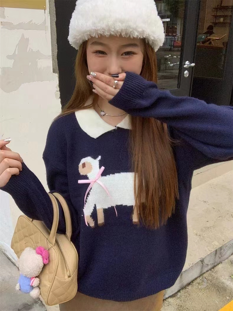 秋冬新款polo領長袖針織衫女小羊軟糯毛衣寬鬆顯瘦百搭上衣女