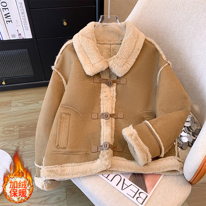 Khaki lamb wool coat for women 2023 winter new style plus velvet thickened stand-up collar short fur one-piece cotton coat trendy