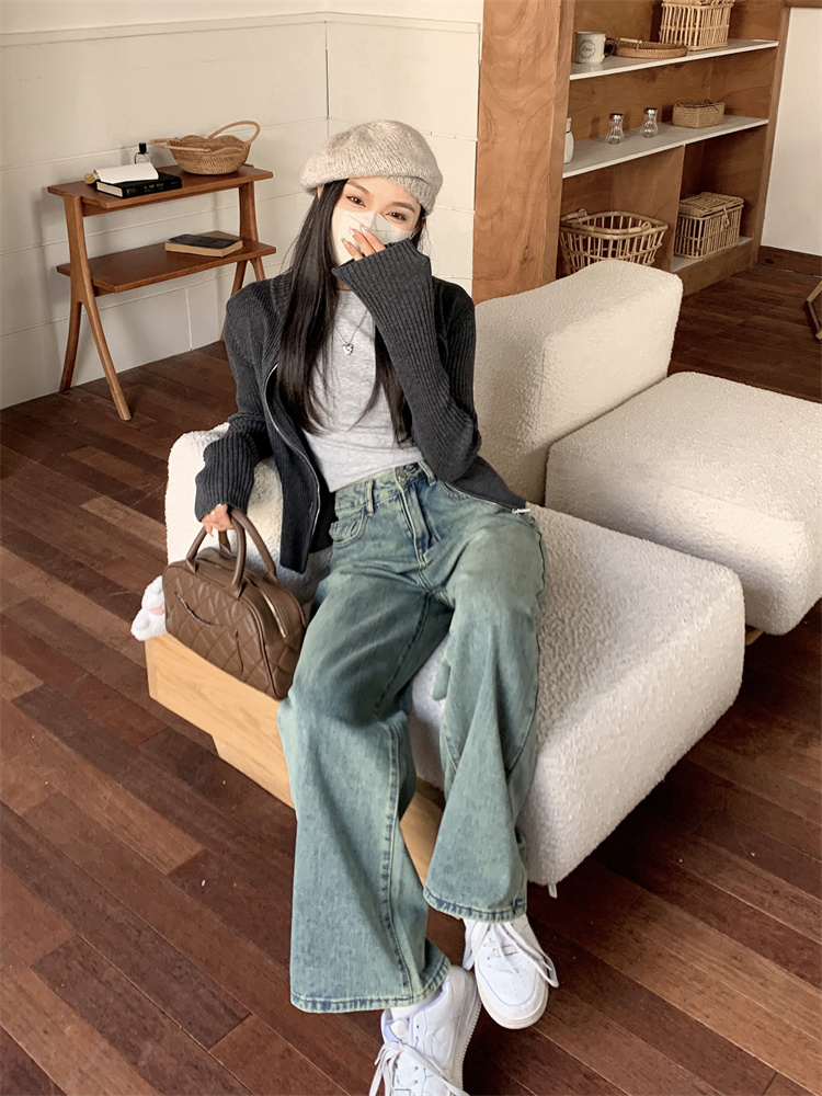 實拍2023秋季時尚直筒褲牛仔褲女寬鬆高腰藍色拖地褲長褲