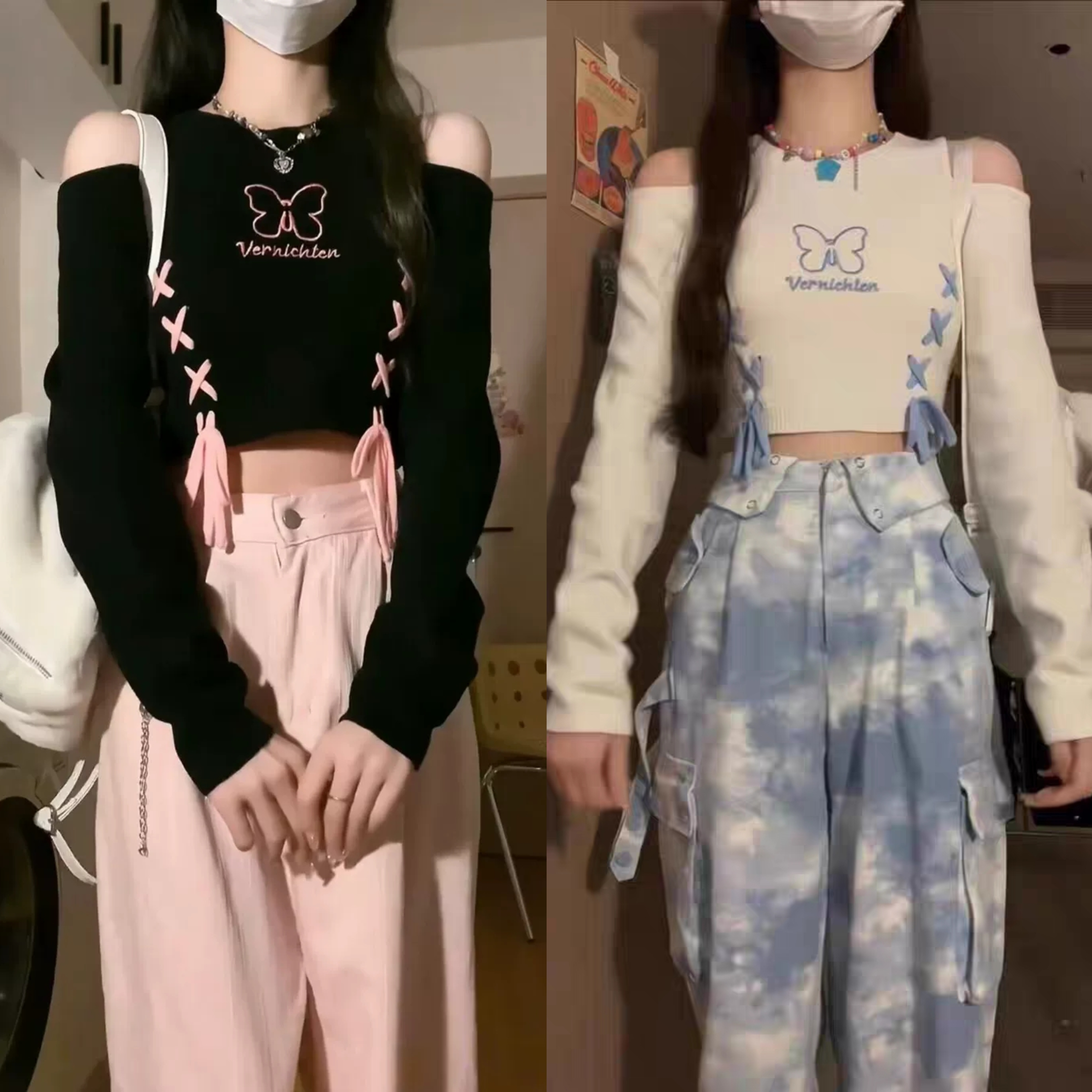 新款設計感露肩針織毛衣女甜酷風修身辣妹短款小個子上衣