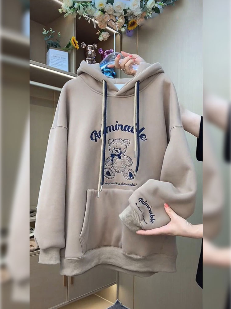 女裝美式復古字母刺繡連帽衛衣加絨加厚2023年冬季設計感小眾外套
