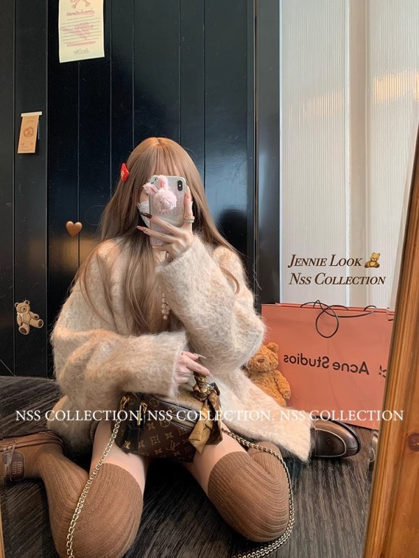 NSS COLLECTION Beautiful! Angora long mohair top women's niche v-neck winter thick coat