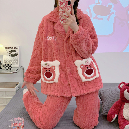 Doll collar pajamas for women winter coral velvet thick warm student cute casual flannel home wear set