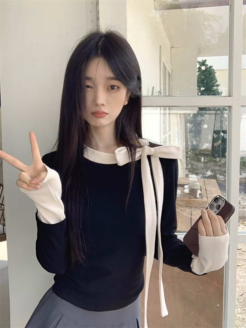 實拍~  法式溫柔風假兩件撞色拼接綁帶蝴蝶結設計感長袖上衣