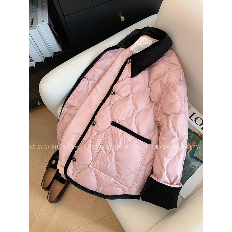 Women's winter loose and thickened rhombus cotton coat with inner splicing lapel and small fragrant style jacket for women