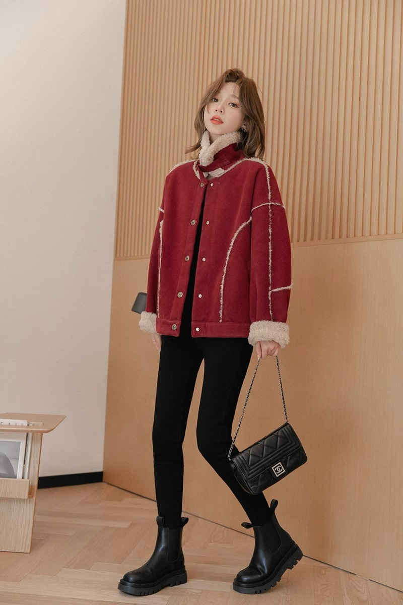 2023 New Red Zodiac Year Lamb Plush Fur All-in-One Small Fragrance Jacket Christmas Red Top Women's Autumn and Winter
