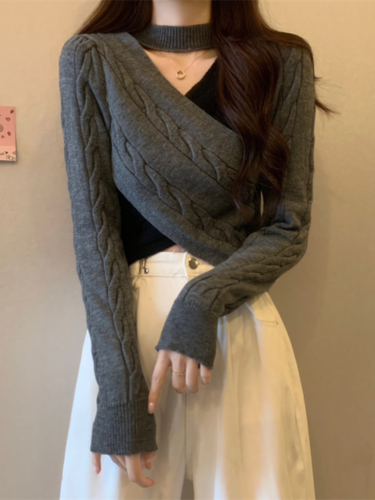 純欲辣妹v領掛脖上衣女秋冬不規則開叉半高領針織打底衫內搭毛衣