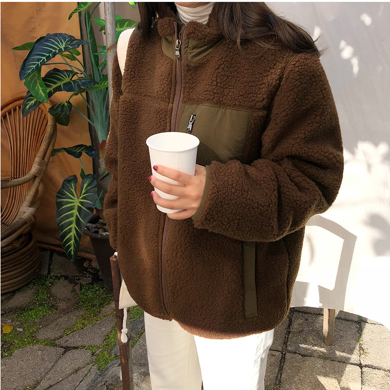 Reversible sherpa stand collar zipper jacket for women 2023 autumn and winter new color matching student warm jacket large size